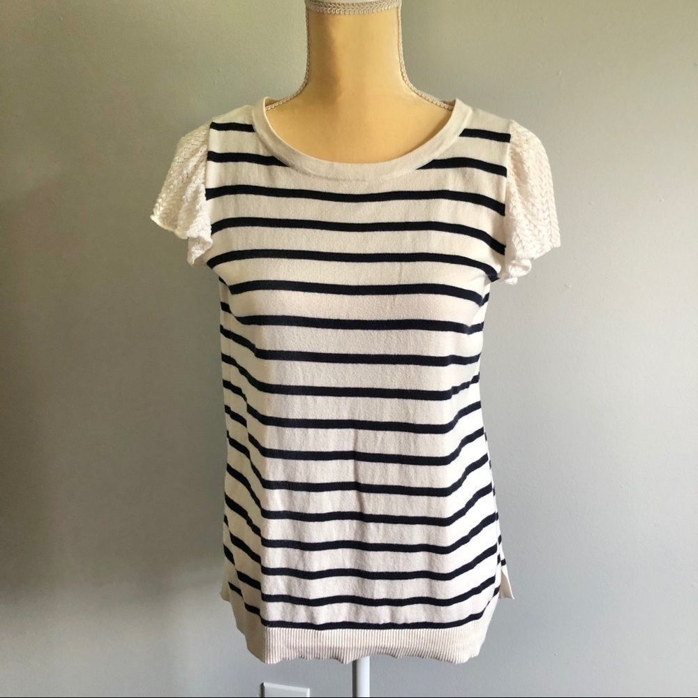LOFT Navy stripe crochet sleeve light sweater XS